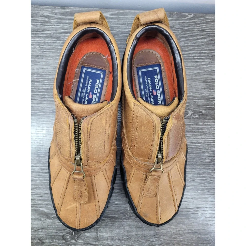 Polo Sport Ralph Lauren Women's 6B Brown Leather Front-Zip Duck Boots Low-Top